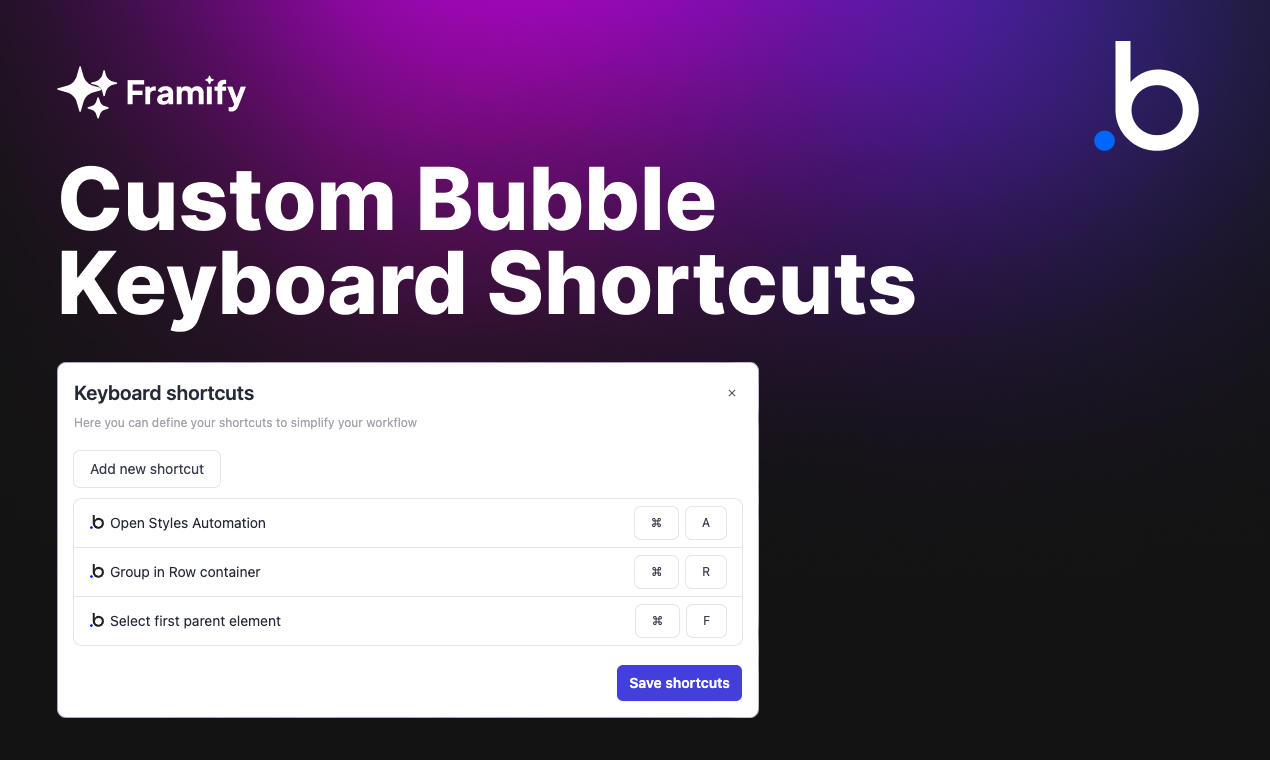 <p>Our innovative Bubble extension got a new feature, which is keyboard shortcuts, it lets users create custom key combinations for various actions within Bubble, significantly enhancing productivity and user experience. Ideal for Bubble developers and users seeking efficiency in their workflow.</p>