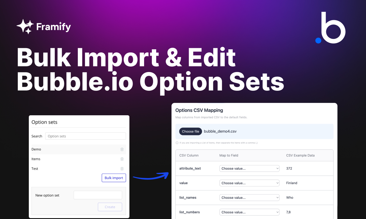 Aprenda a gerenciar conjuntos de opção em Bubble.io com as Ações em Massa do Framify.io. Importe, exporte e atualize dados com facilidade usando nosso processo amigável de arquivos CSV.