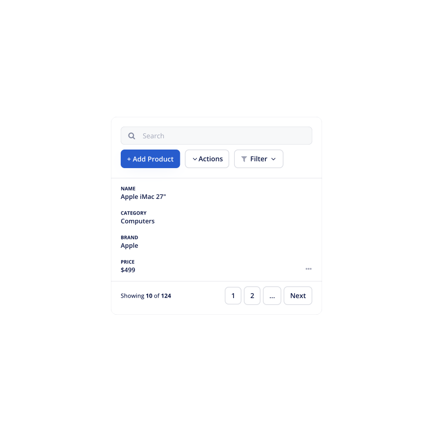 Visual preview of Small products table component for Bubble