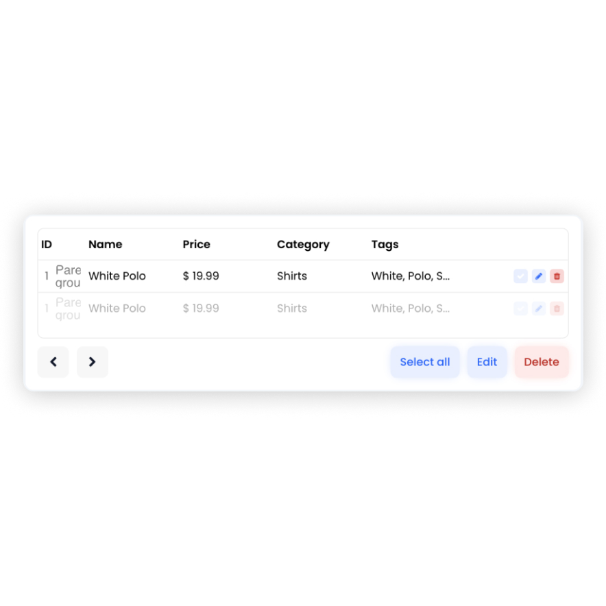 Visual preview of Products Table component for Bubble