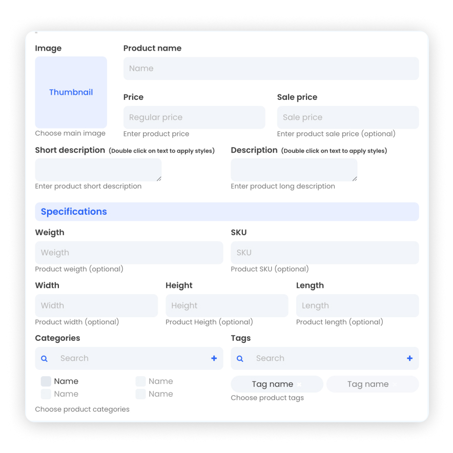 Visual preview of Product submission form component for Bubble