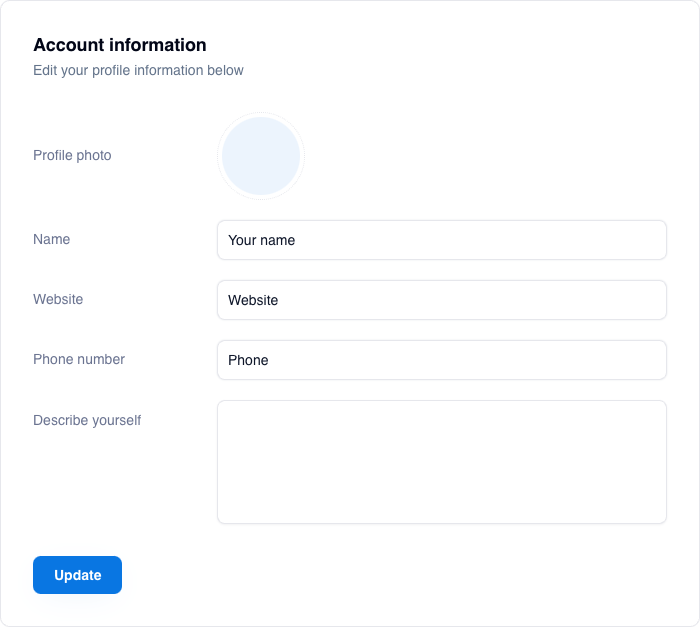 Visual preview of Account settings component for Bubble