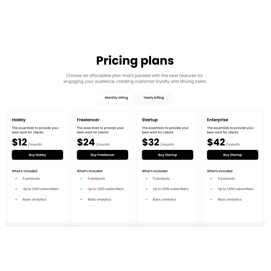 Visual preview of Pricing plans component for Bubble