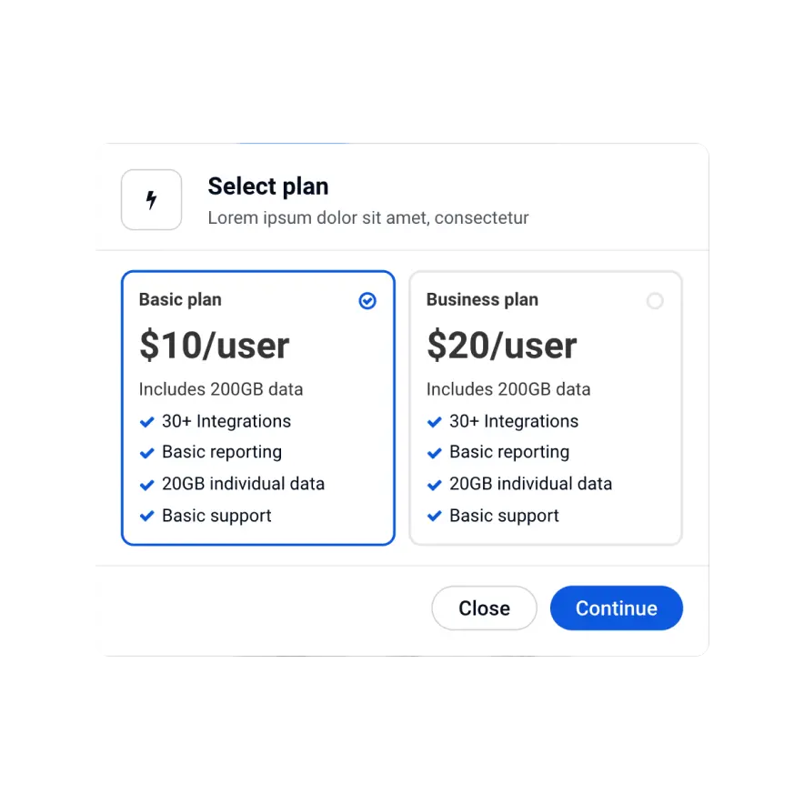 Visual preview of Select plan component for Bubble