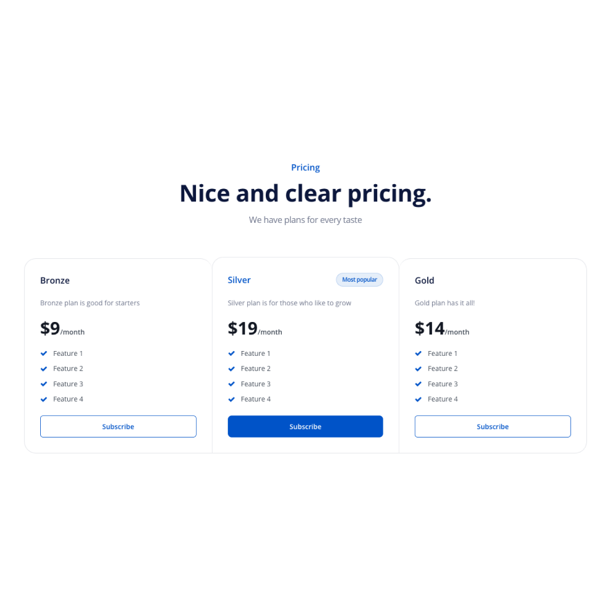Visual preview of 3 Pricing plans component for Bubble